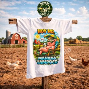 Camiseta divertida “Hoy no, mañana tampoco” con cerdito relajado | Camiseta humor original unisex | Humor rural extremeño 100% algodón