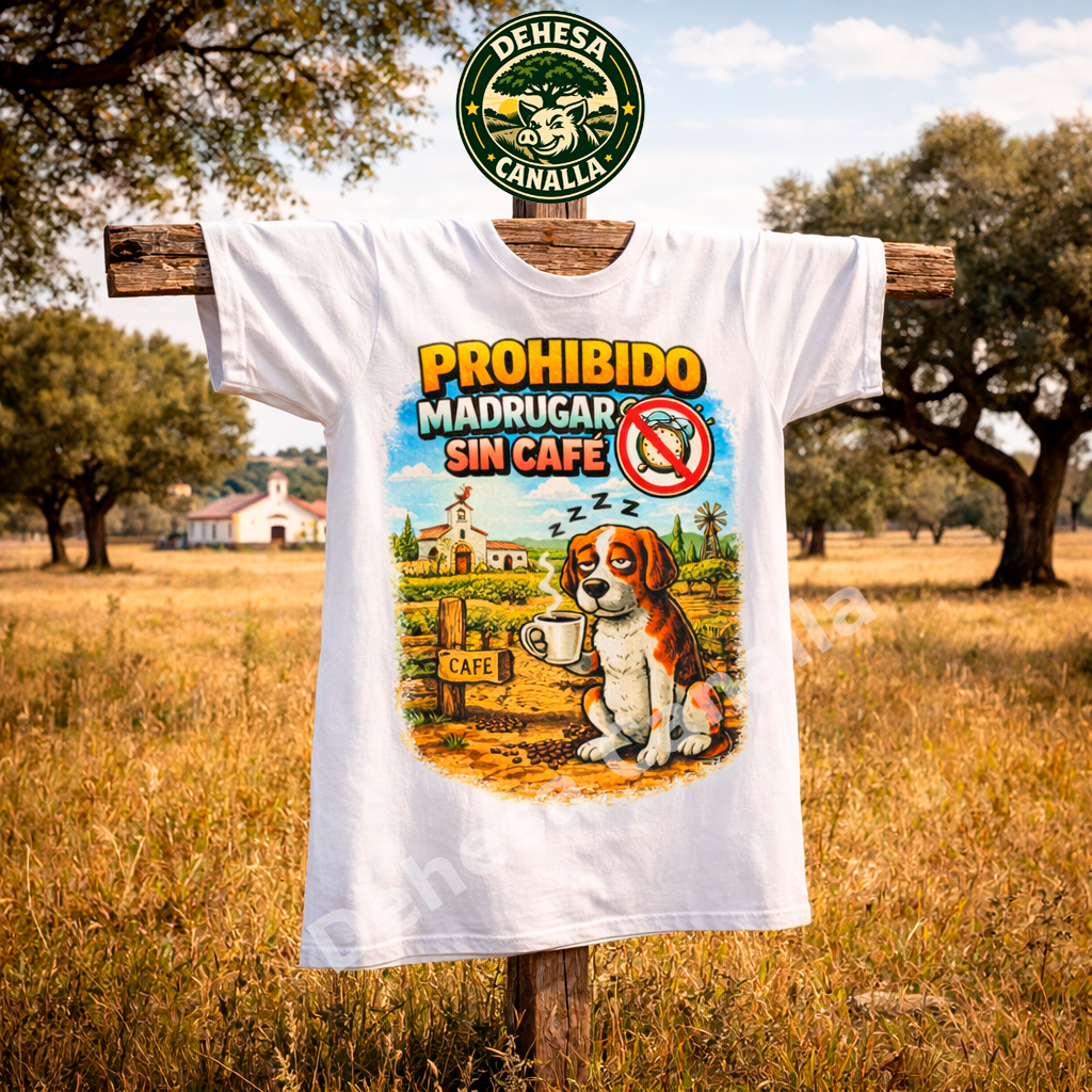Camiseta divertida “Prohibido madrugar sin café” con perro dormido | Camiseta humor original unisex | Humor rural extremeño 100% algodón