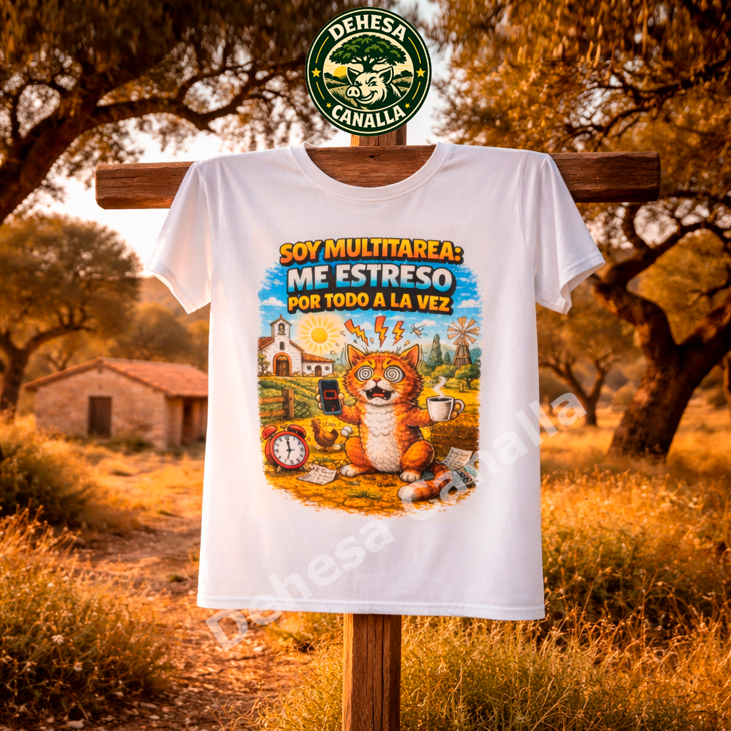 Camiseta divertida “Soy Multitarea, me estreso con todo a la vez” con gato estresado | Camiseta humor original unisex | Humor rural extremeño 100% algodón