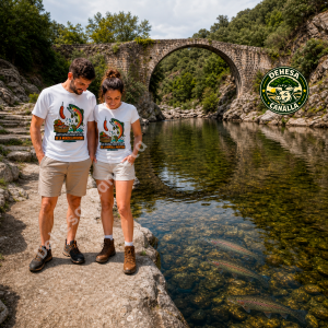 Camiseta divertida de pesca con trucha y morcilla patatera  | Camiseta humor original unisex | Humor rural extremeño 100% algodón