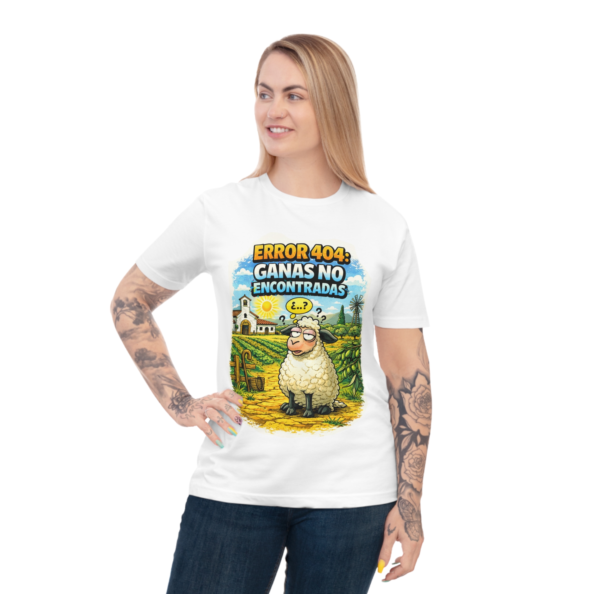 Camiseta divertida oveja “Error 404: Ganas no encontradas” | Humor rural extremeño 100% algodón - Imagen 3